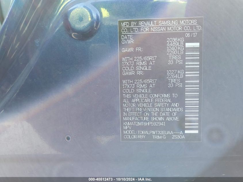 2017 Nissan Rogue S VIN: KNMAT2MT6HP592941 Lot: 40512473