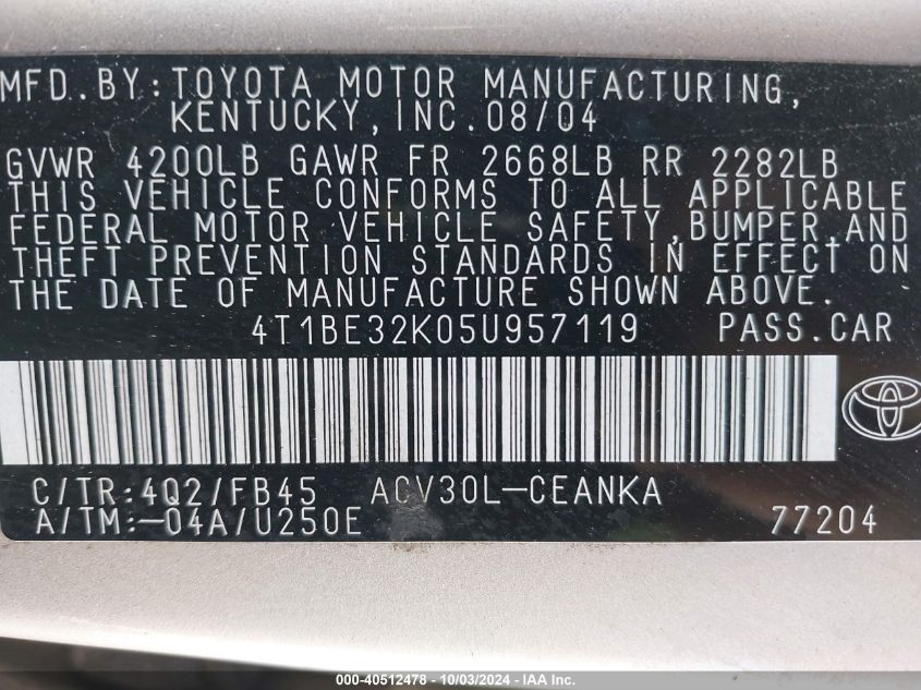 4T1BE32K05U957119 2005 Toyota Camry Le