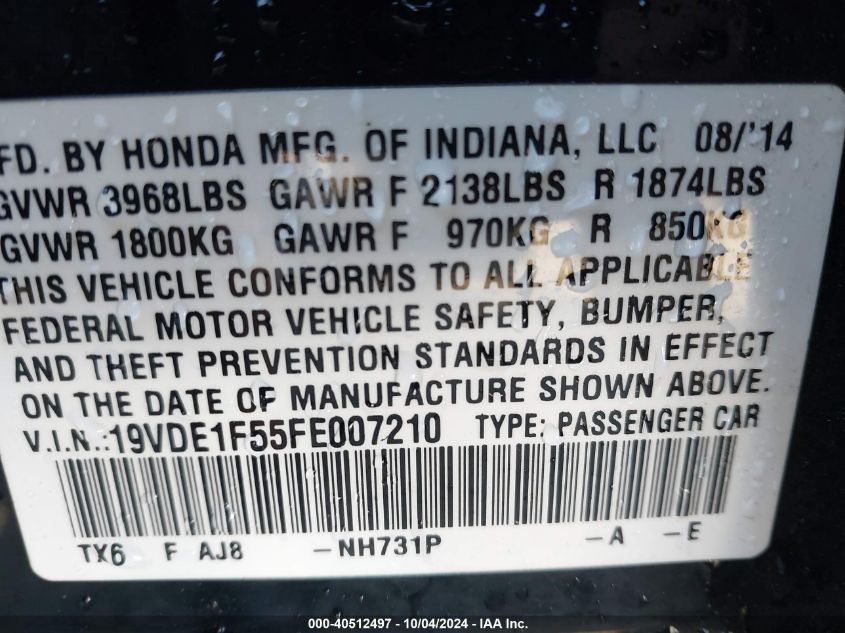 19VDE1F55FE007210 2015 Acura Ilx 2.0L