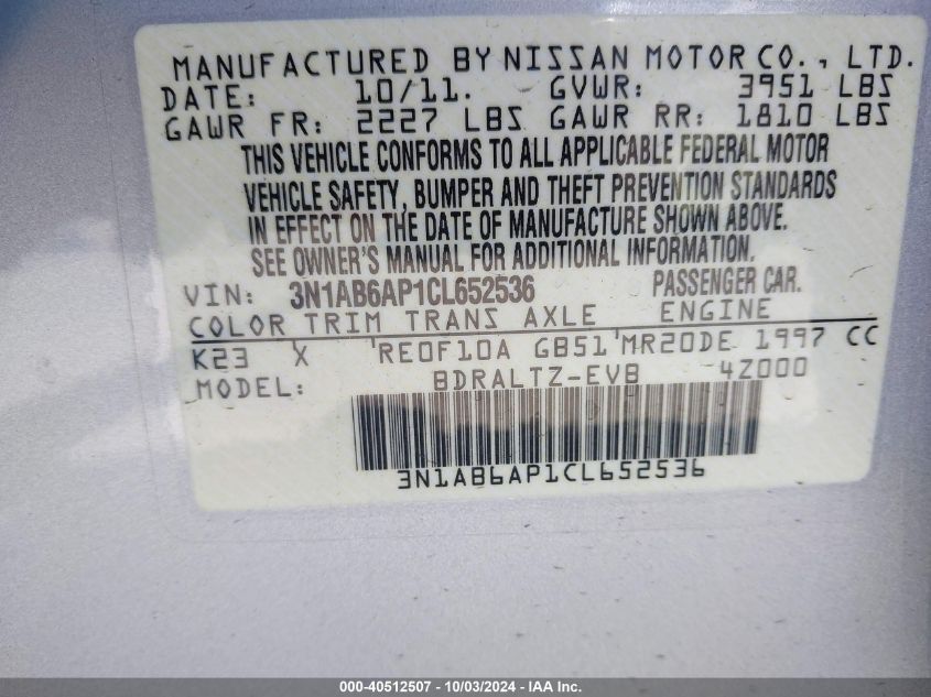 3N1AB6AP1CL652536 2012 Nissan Sentra 2.0 S