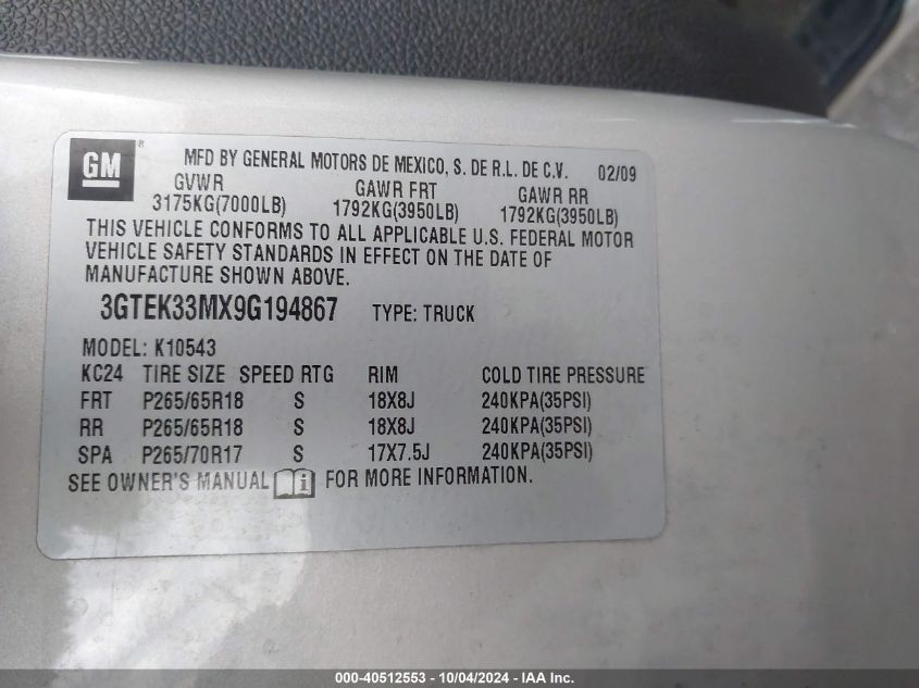 3GTEK33MX9G194867 2009 GMC Sierra 1500 Slt