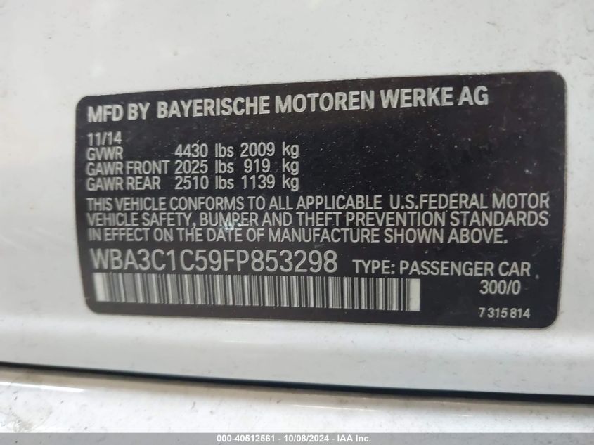 2015 BMW 328I I Sulev VIN: WBA3C1C59FP853298 Lot: 40512561