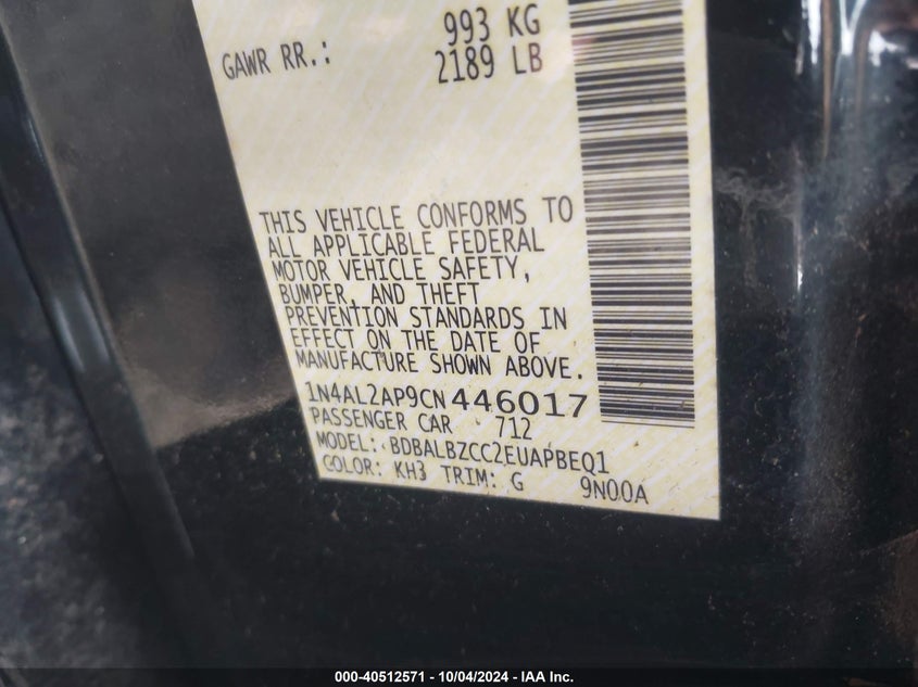 1N4AL2AP9CN446017 2012 Nissan Altima 2.5 S