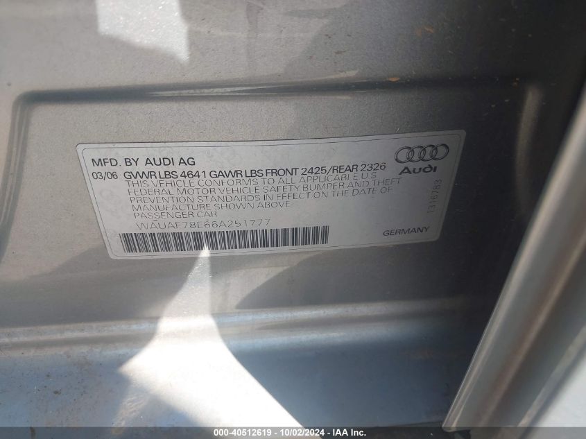 2006 Audi A4 2.0T VIN: WAUAF78E66A251777 Lot: 40512619