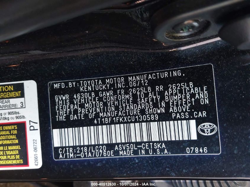 4T1BF1FKXCU130589 2012 Toyota Camry Se