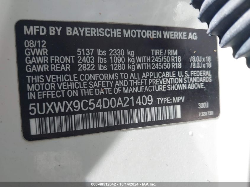 VIN 5UXWX9C54D0A21409 2013 BMW X3, Xdrive28I no.9