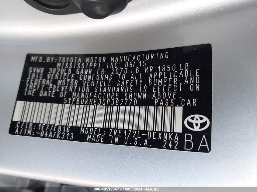 2016 TOYOTA COROLLA VIN: 5YFBURHE3GP382770