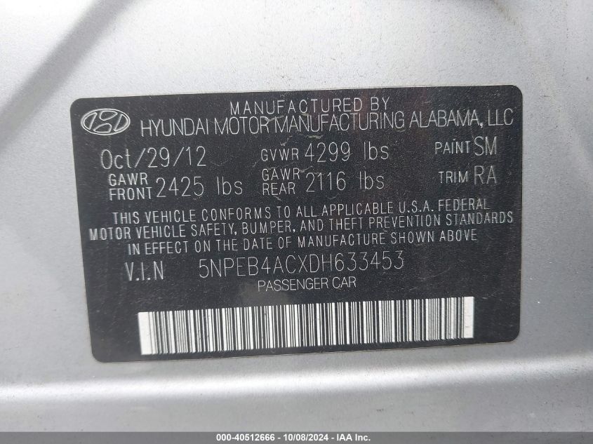 2013 Hyundai Sonata Gls VIN: 5NPEB4ACXDH633453 Lot: 40512666