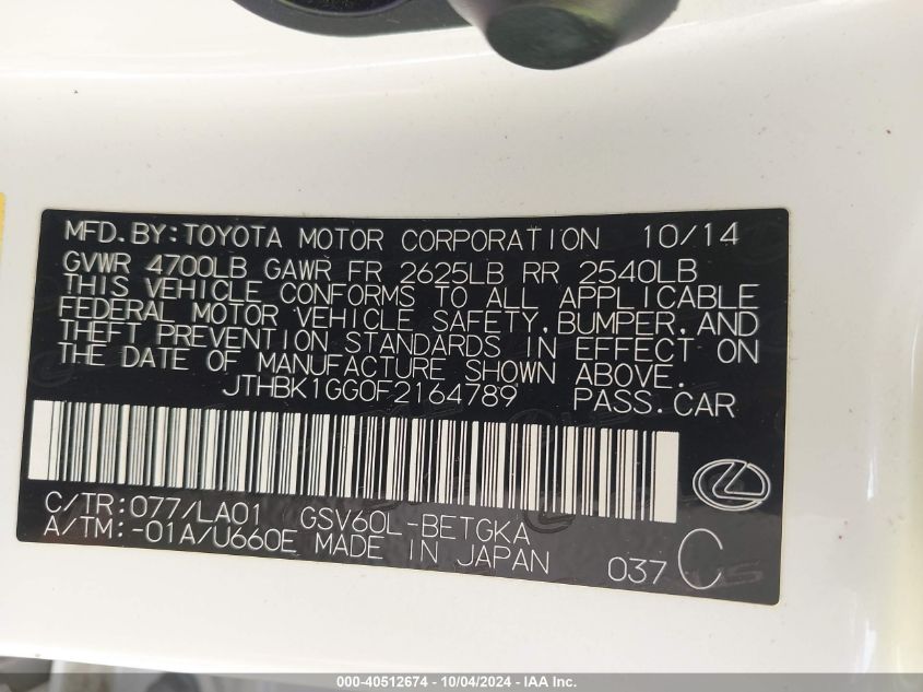 2015 Lexus Es 350 VIN: JTHBK1GG0F2164789 Lot: 40512674