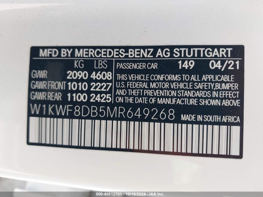 W1KWF8DB5MR649268 2021 Mercedes-Benz C 300 Sedan