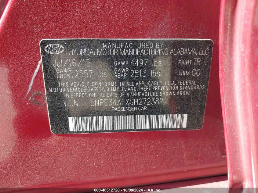 5NPE34AFXGH272382 2016 Hyundai Sonata Sport