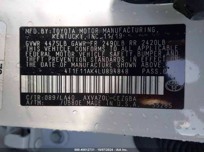 4P1F11AK4LU894848 2020 Toyota Camry