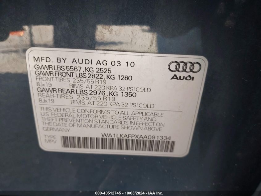 WA1LKAFPXAA091334 2010 Audi Q5 3.2 Premium