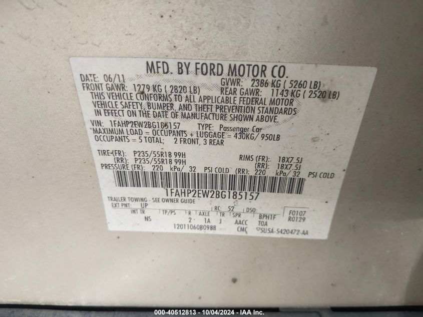 1FAHP2EW2BG185157 2011 Ford Taurus Sel