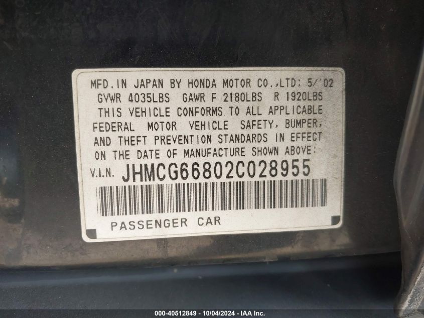 JHMCG66802C028955 2002 Honda Accord 2.3 Ex/2.3 Se