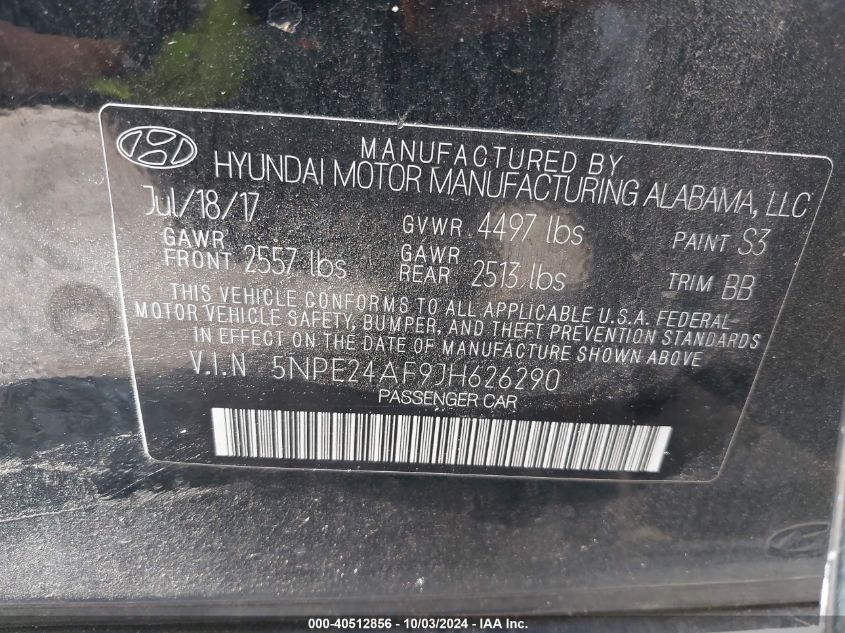 5NPE24AF9JH626290 2018 Hyundai Sonata Se