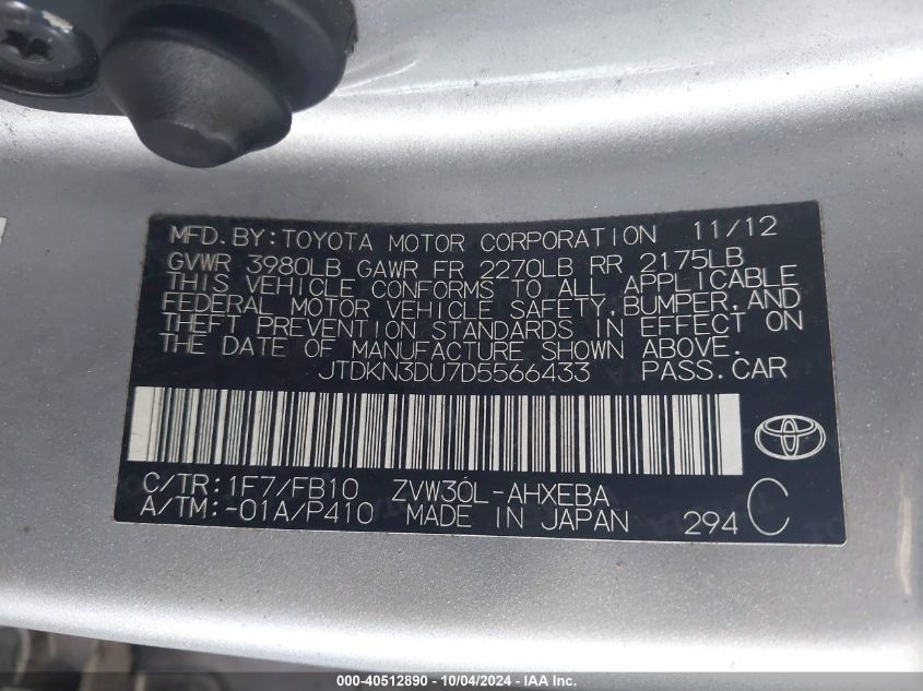 JTDKN3DU7D5566433 2013 Toyota Prius Two