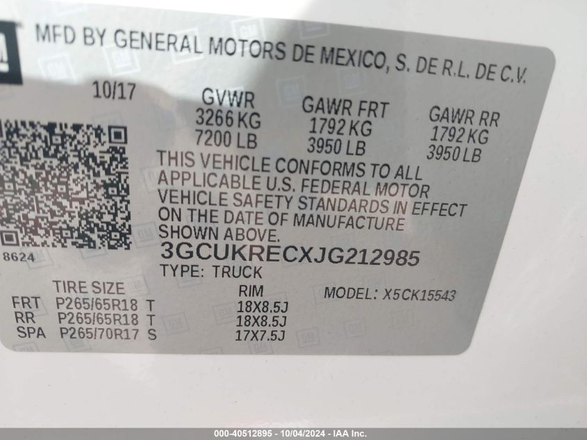 3GCUKRECXJG212985 2018 Chevrolet Silverado 1500 2Lt