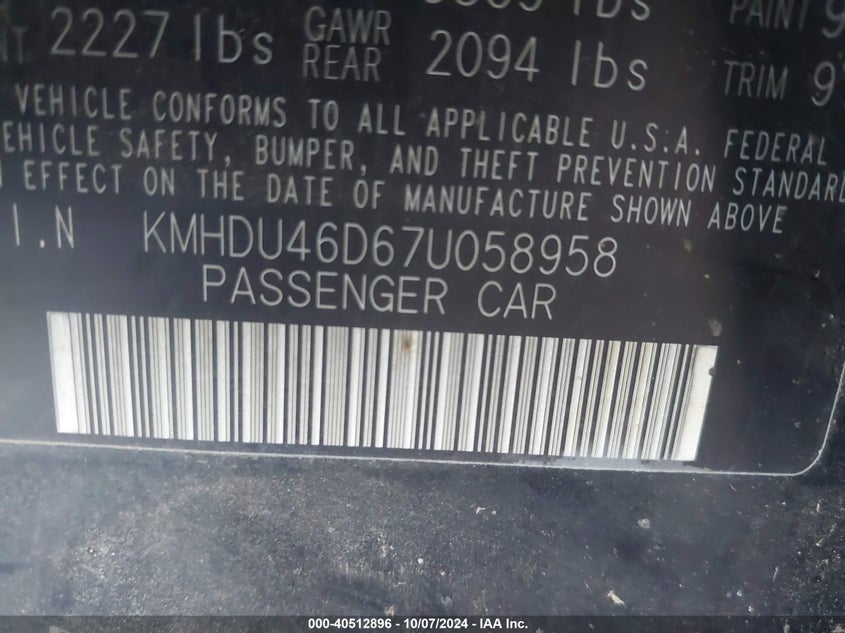 KMHDU46D67U058958 2007 Hyundai Elantra Gls/Limited/Se
