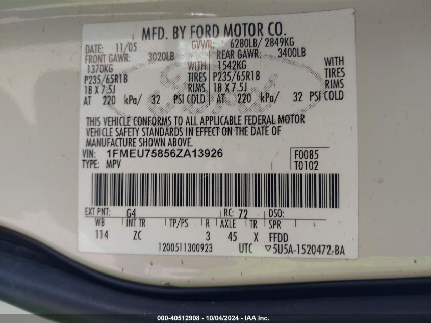 1FMEU75856ZA13926 2006 Ford Explorer Limited