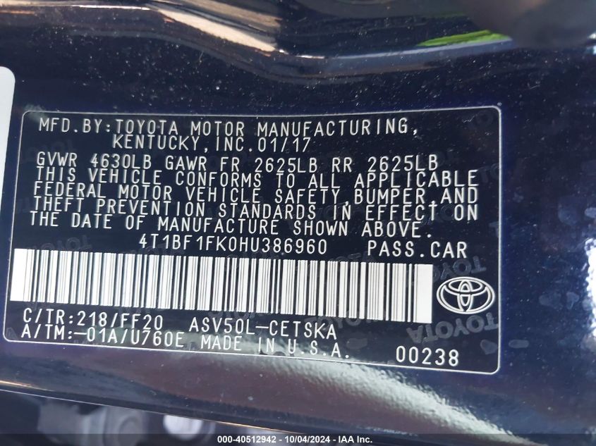 4T1BF1FK0HU386960 2017 Toyota Camry Se