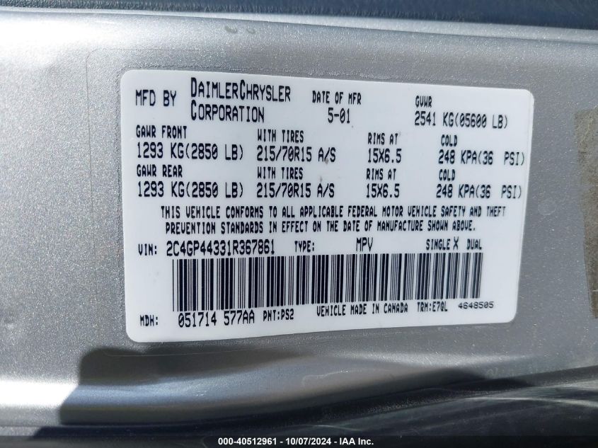 2C4GP44331R367861 2001 Chrysler Town & Country Lx