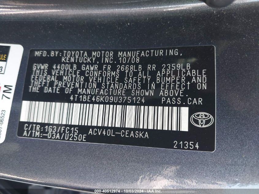 4T1BE46K09U375124 2009 Toyota Camry Se