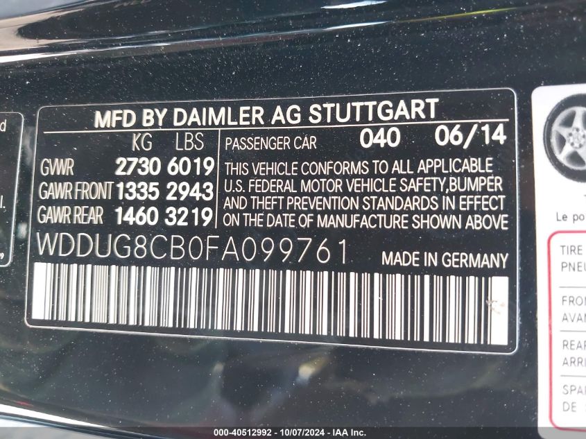 2015 Mercedes-Benz S 550 VIN: WDDUG8CB0FA099761 Lot: 40512992