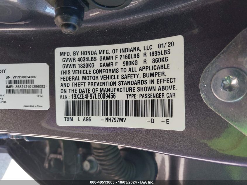 19XZE4F97LE009456 2020 Honda Insight Touring