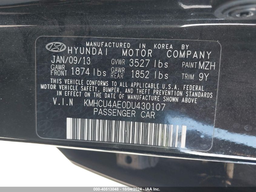 2013 Hyundai Accent Gls VIN: KMHCU4AE0DU430107 Lot: 40513048