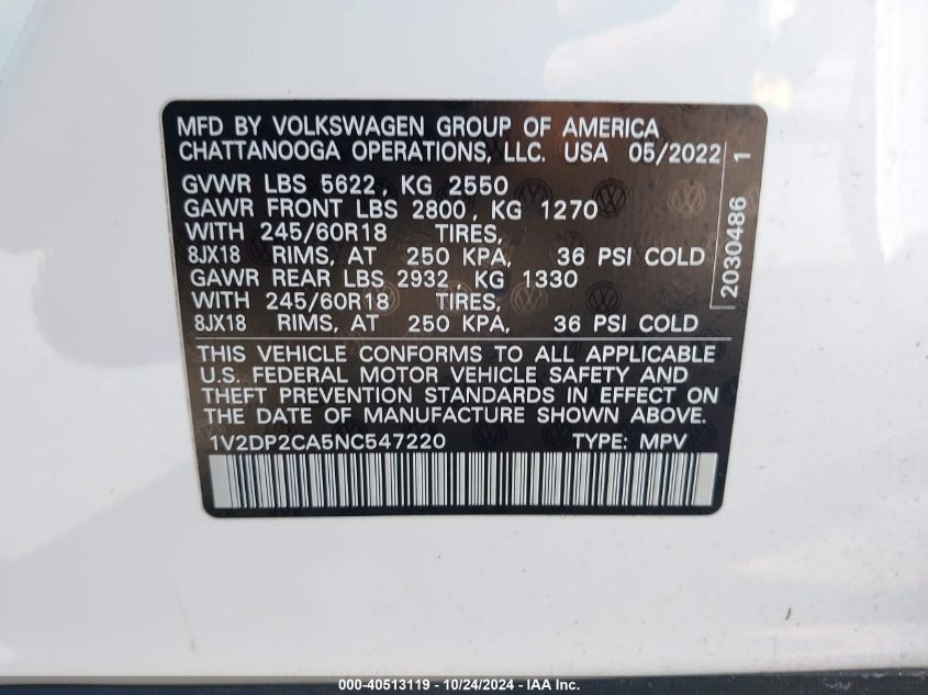 VIN 1V2DP2CA5NC547220 2022 Volkswagen Atlas, 2.0T Se no.9