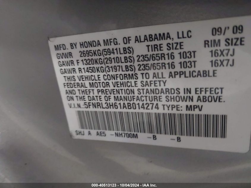 5FNRL3H61AB014274 2010 Honda Odyssey Ex-L