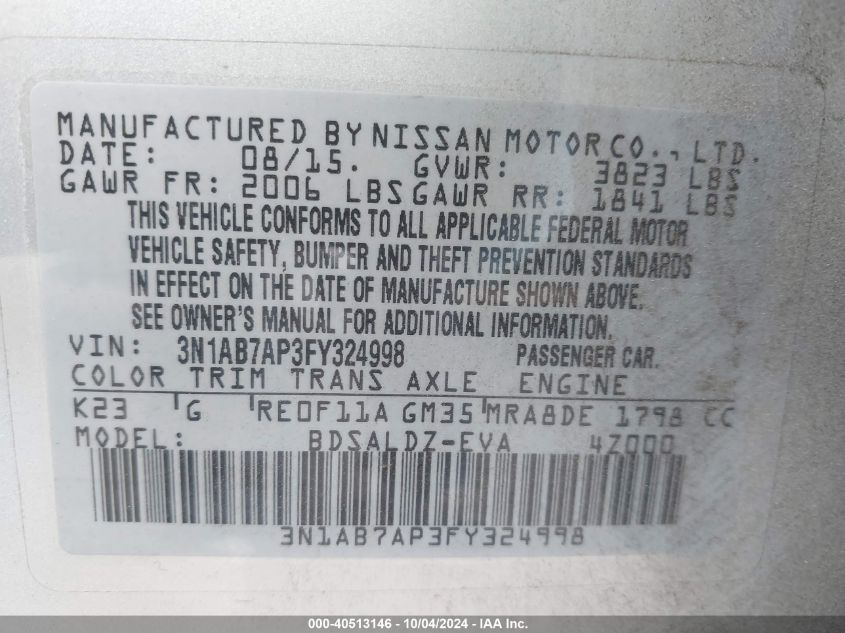 3N1AB7AP3FY324998 2015 Nissan Sentra Sv