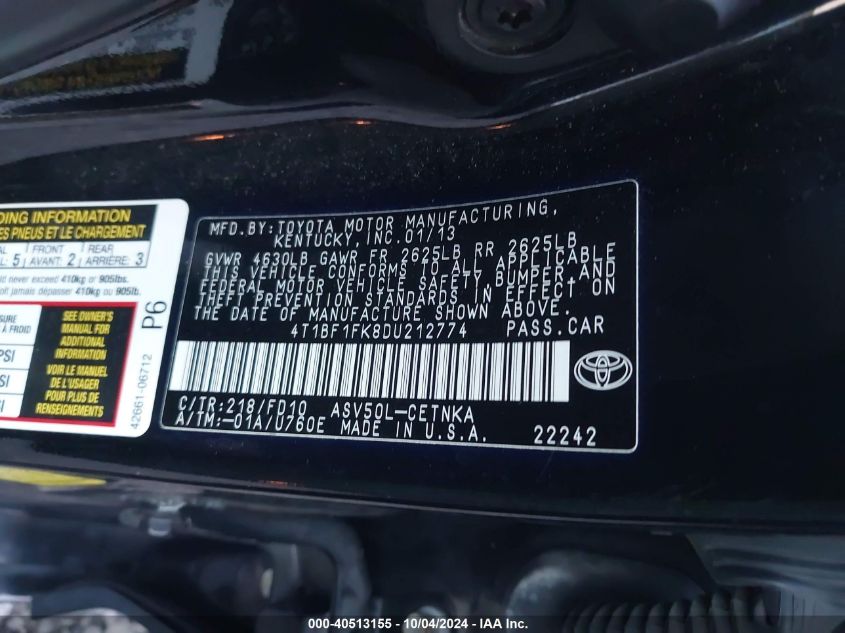 4T1BF1FK8DU212774 2013 Toyota Camry Le