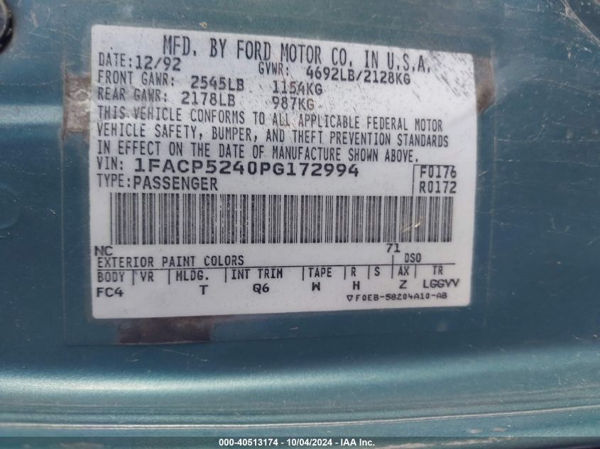 1FACP5240PG172994 1993 Ford Taurus Gl