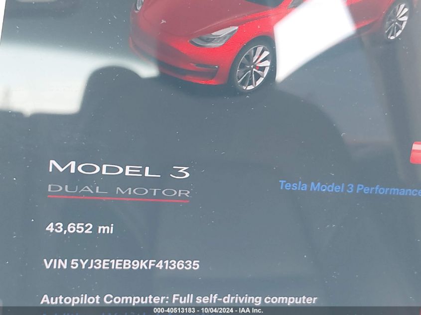 2019 Tesla Model 3 Long Range/Performance VIN: 5YJ3E1EB9KF413635 Lot: 40513183