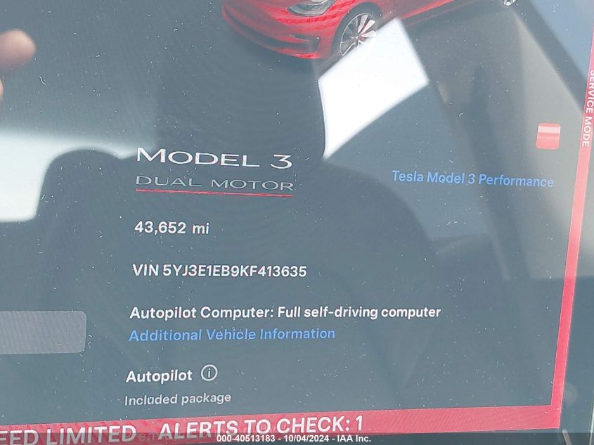 2019 Tesla Model 3 Long Range/Performance VIN: 5YJ3E1EB9KF413635 Lot: 40513183