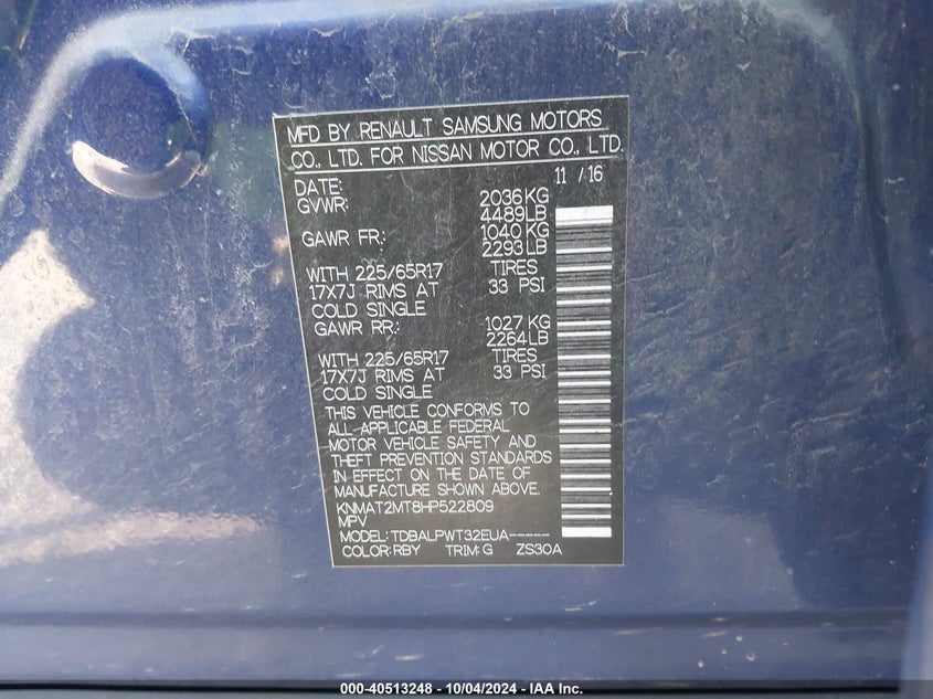 VIN KNMAT2MT8HP522809 2017 NISSAN ROGUE S