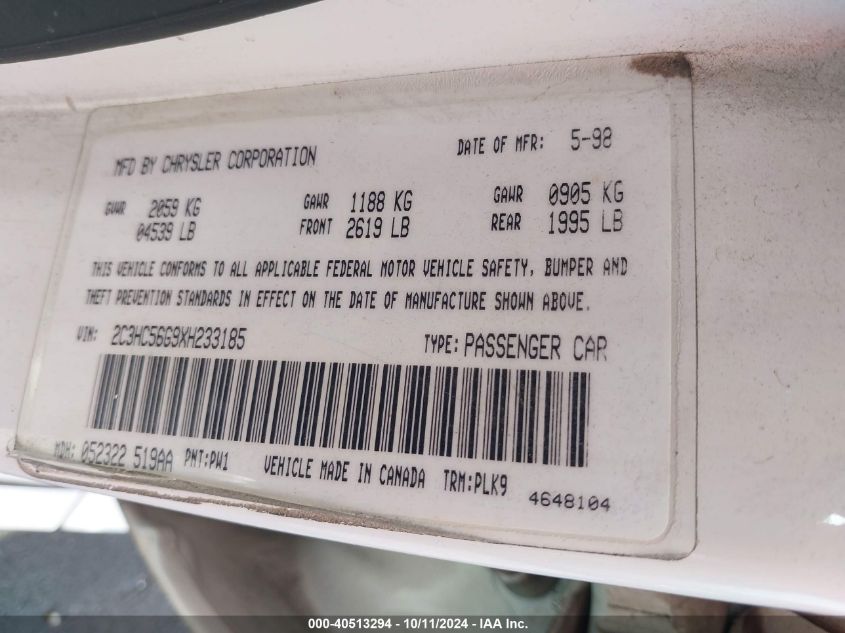 1999 Chrysler Lhs VIN: 2C3HC56G9XH233185 Lot: 40513294