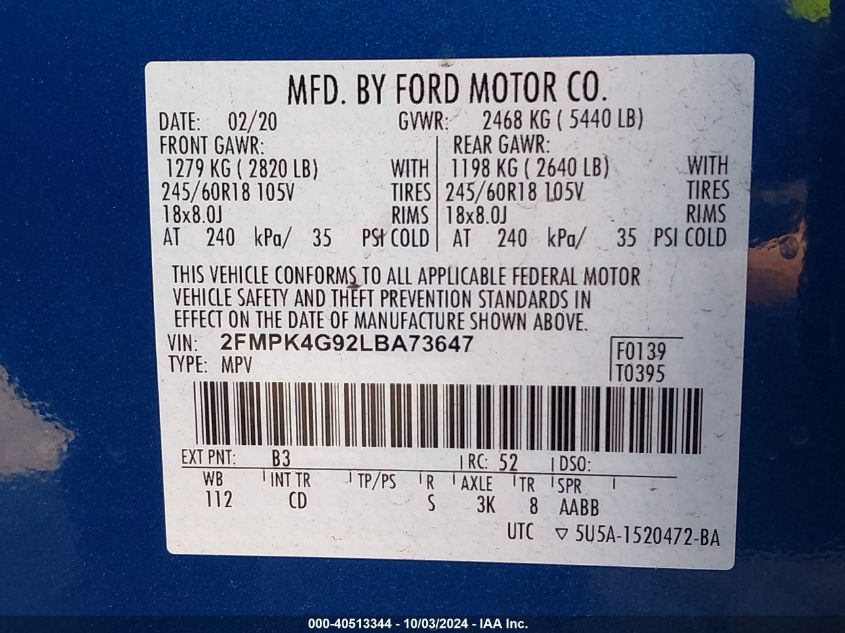 2FMPK4G92LBA73647 2020 Ford Edge Se