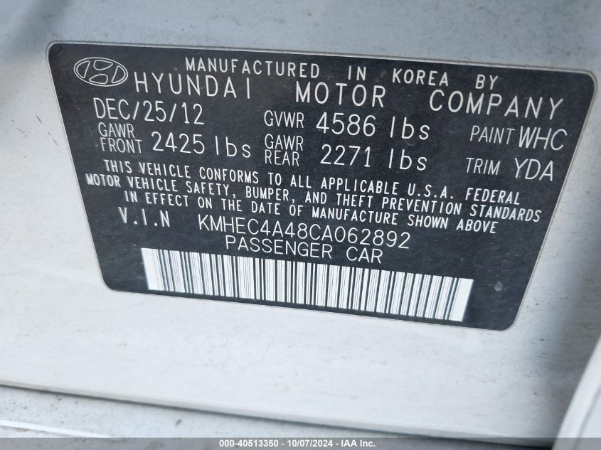 2012 Hyundai Sonata Hybrid VIN: KMHEC4A48CA062892 Lot: 40513350