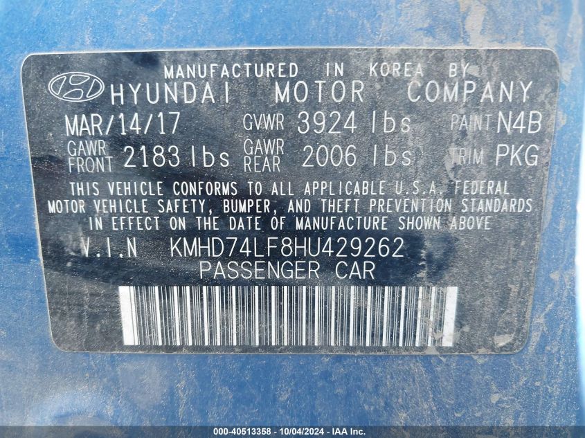 KMHD74LF8HU429262 2017 Hyundai Elantra Se