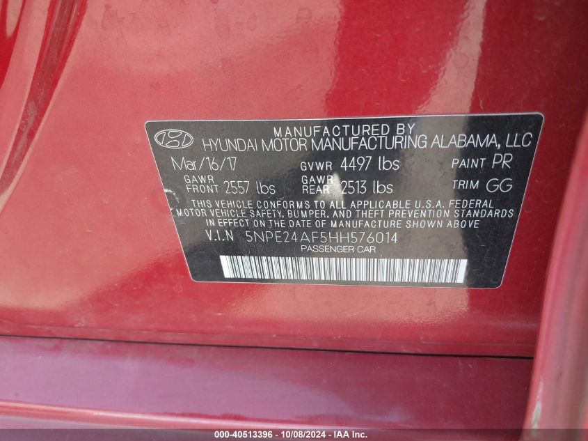 5NPE24AF5HH576014 2017 Hyundai Sonata Se