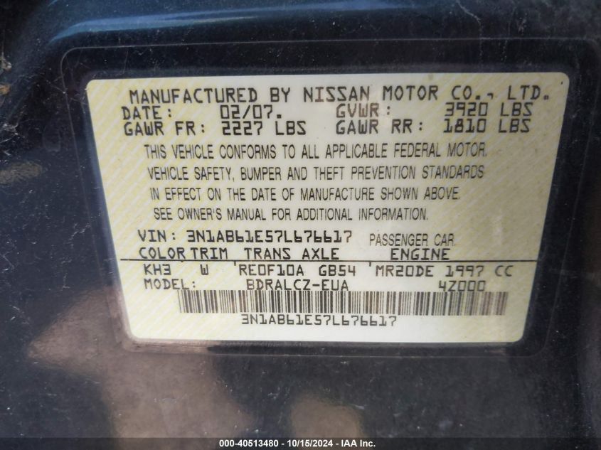 2007 Nissan Sentra 2.0 VIN: 3N1AB61E57L676617 Lot: 40513480