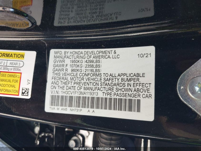 1HGCV1F13MA119313 2021 Honda Accord Lx