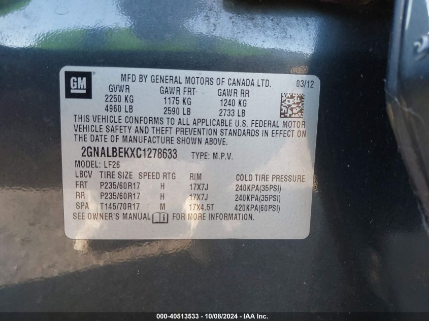 2GNALBEKXC1278633 2012 Chevrolet Equinox Ls