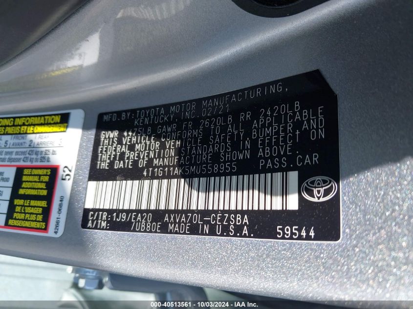 4T1G11AK5MU558955 2021 Toyota Camry Se