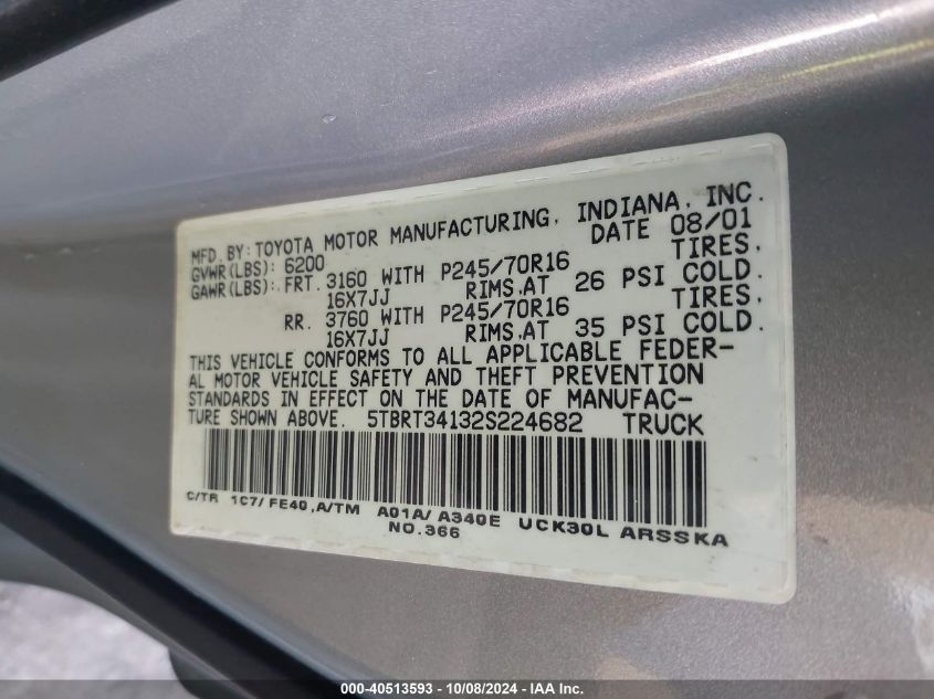 2002 Toyota Tundra Access Cab/Access Cab Sr5 VIN: 5TBRT34132S224682 Lot: 40513593