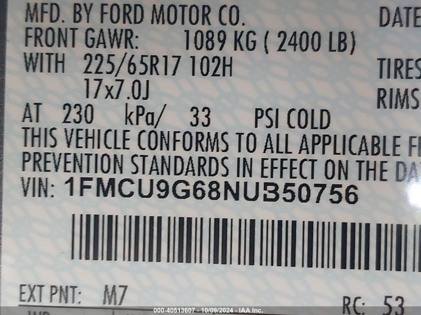 2022 Ford Escape Se VIN: 1FMCU9G68NUB50756 Lot: 40513607