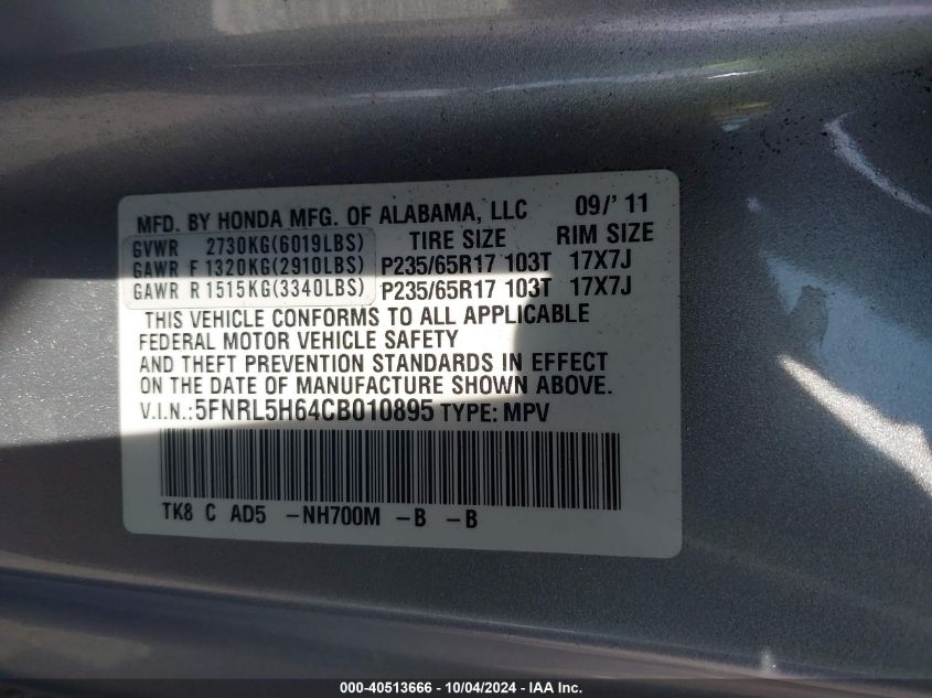 5FNRL5H64CB010895 2012 Honda Odyssey Ex-L